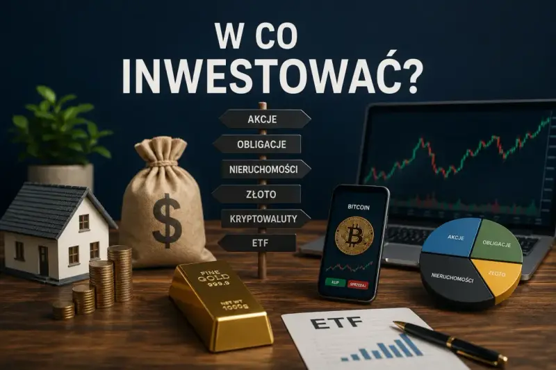 Zastanawiasz się, w co inwestować? Na stole leżą złoto, dom, worek pieniędzy, kryptowaluty i wykresy.